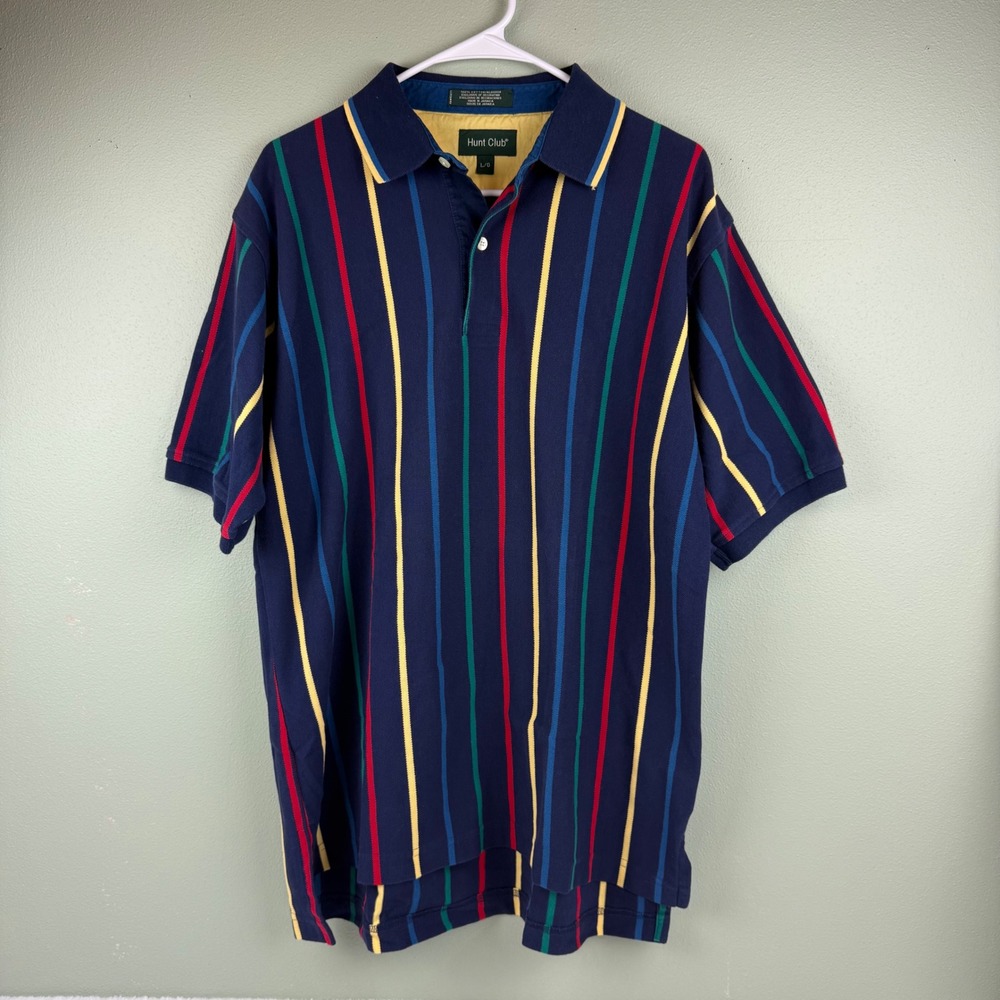 Hunt Club Mens Vintage Striped Polo Shirt Large Navy Blue Multicolor Cotton L/G